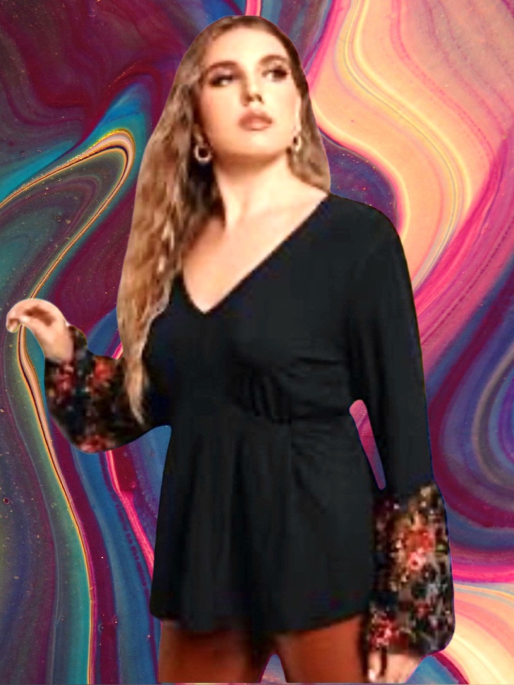 🆕 Women’s plus-size Black/red floral long-sleeve lace Knit Peplum Top- 3X